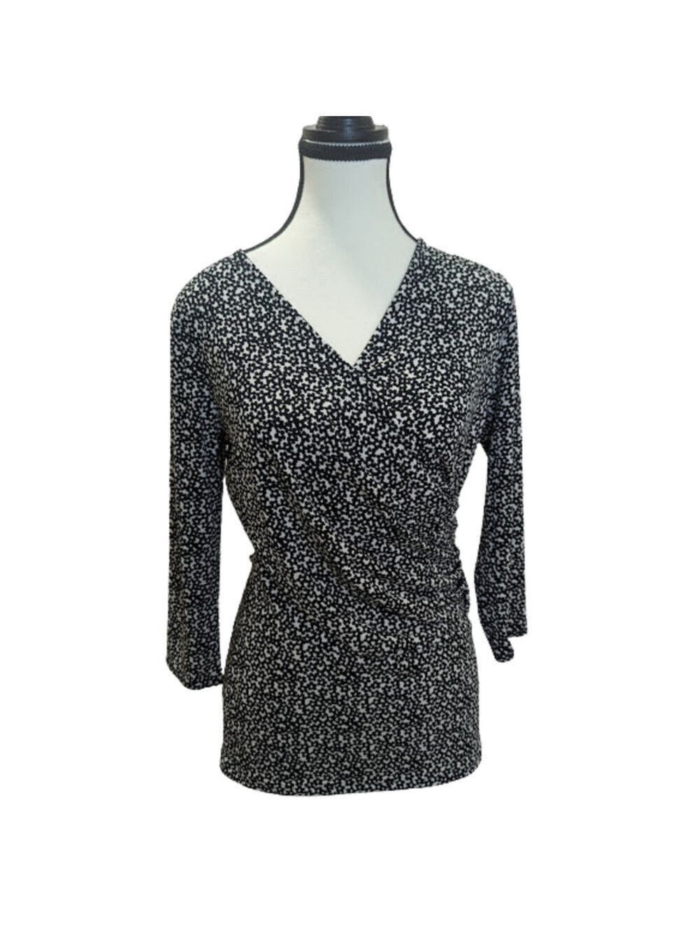 Ann Taylor Petite Wrap Top Black White Micro Floral V-Neck 3/4 Sleeve Luxury SP